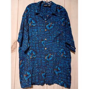 Anchor Blue Shirt Men's 2xl Blue Hibiscus Hawaiian Button Front Short Sleeve